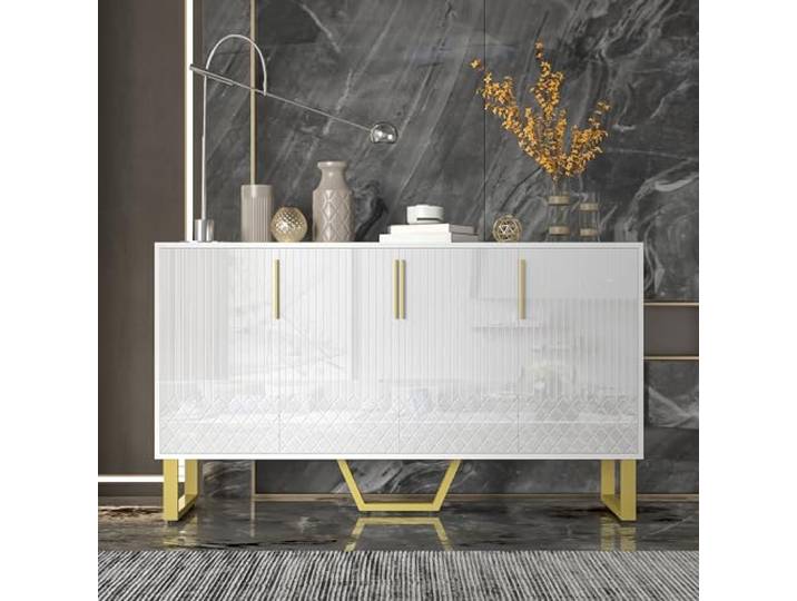 boorbin Hochglanz-Sideboard, 4 Türen, Metallgriffe und -Beine, geometrisches Design in Weiß, 140L*40B*80H