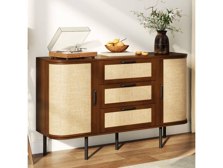 Buffet Bas MDF Noyer Enfilade Vintage FloraGrace Pour Salon Et Salle A Manger Avec 2 Portes Et 3 Tiroirs 120x40x82cm