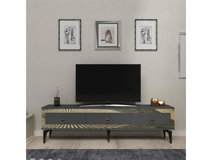 Hanah Home Stylish TV Stand, Anthracite & Gold, 180 x 44.6 x 29.6 cm 100% Melamine Coated Particle Board, 18 mm Thick Modern Design for Living Room & Entertainment