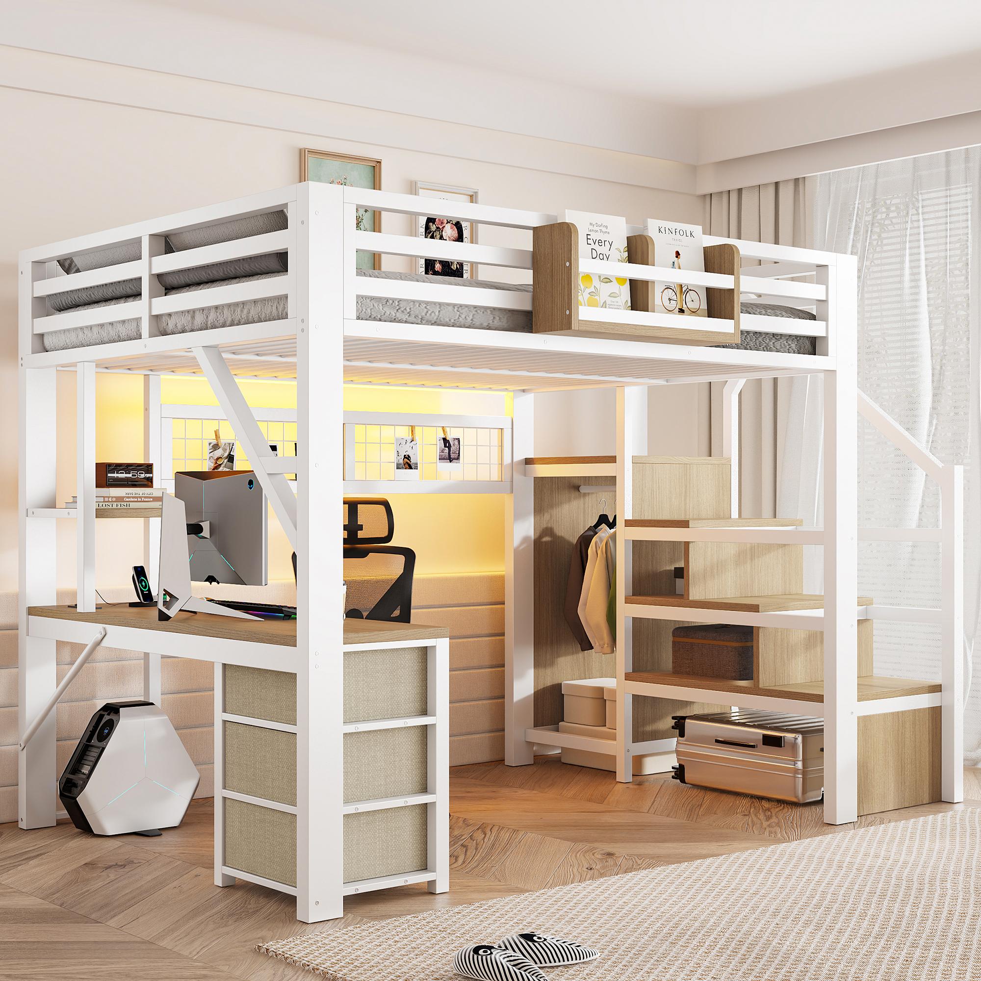 Merax Metall Hochbett 140x200 cm, Etagenbett Mit Schreibtisch, Kleiderschrank, LED Beleuchtung, 3 Schubladen, Stauraum Treppe, Kinderbett, Weiß