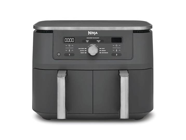 Ninja Dual Zone digitale Heißluftfritteuse, 9,5 L, 6-in-1, Metallic Grau 2 Schubladen, Heißluft-Frittieren, Max Crisp, Rösten, Backen, Aufwärmen, spülmaschinenfeste Körbe - DZ400EU