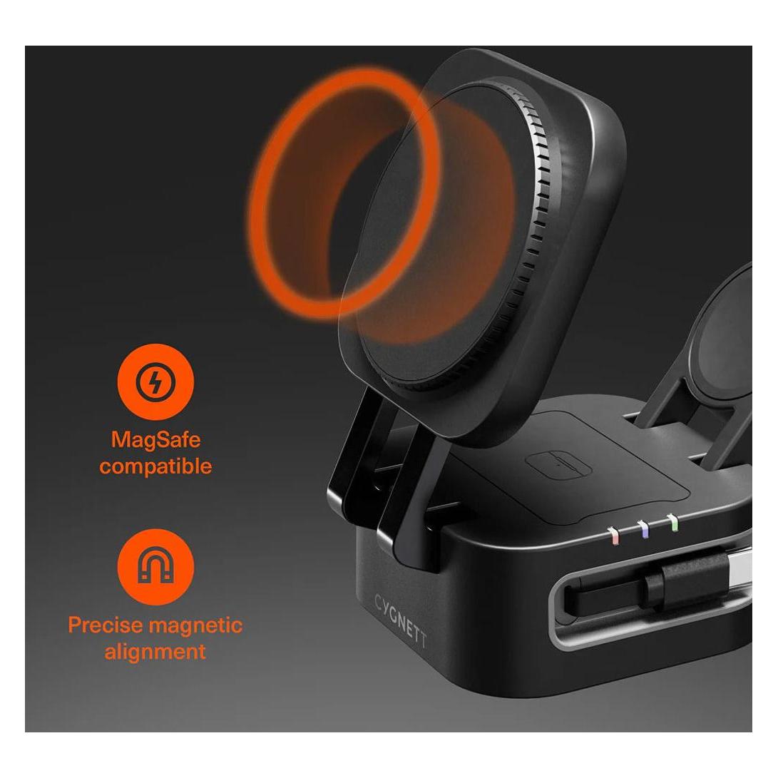 Cygnett MagStand 3-in1 Foldable Wireless Charger with Retractable Cable (22.50 W) (CY5852WCCRC)