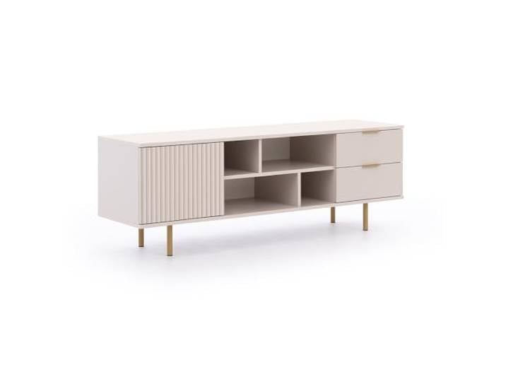 Lomadox TV Lowboard Fernsehschrank 150cm in Kaschmir, Front mit Rillenoptik, Goldfarbene Griffe und Füße