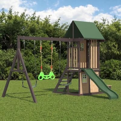 Erommy Kids Outdoor Swing Set with Wave Slide & Belt Swings – Backyard Playground Play Equipment for Toddlers & Children