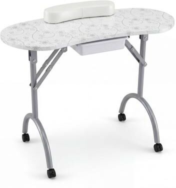 Costway Foldable Portable Manicure Table with Drawer Casters and Cushion-White
