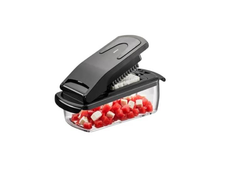 GEFU Treppo Würfelschneider - Manueller Gemüseschneider & Stifteschneider Multischneider aus Edelstahl für Zwiebeln, Obst, Pommes & Käse. Inklusive Reinigungskamm & Antirutschfüßen für sicheren Halt.
