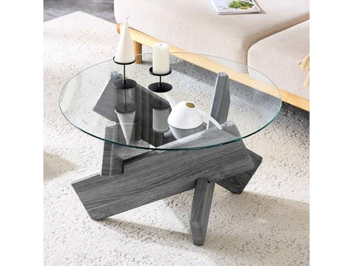 Bellemave Couchtisch Rund 79 cm, MDF+Glas, Kreuzfuß, Grau Runder Wohnzimmertisch, pflegeleichte Glasplatte, schnell montiert, ideal als Sofatisch, modern & platzsparend