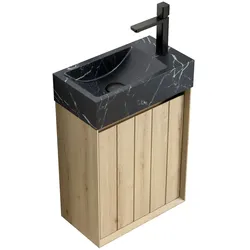 MODFU Waschtisch 58×40×22 cm mit Unterbauwaschbecken aus schwarzem Marmor und weißen Eiche Holzmaserungen, Vormontiert