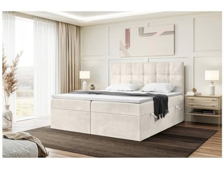 MEBLINI Boxspringbett mit Bettkasten - 180x200 - Gepolstert Doppelbett mit Matratze und Topper - Polsterbett mit Stauraum - Bett mit Kopfteil - Kai - H3/Creme Samt