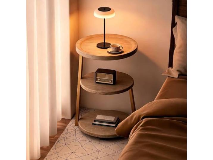 Runder Beistelltisch aus Massivholz mit 3 Ebenen und Offenen Ablagen Petite table basse compacte avec trois niveaux de rangement ouvert pour salon, chambre, canapé, lit et petits espaces