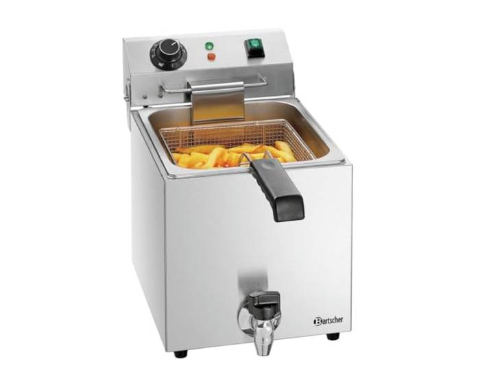 Bartscher Fritteuse SNACK III Plus – Elektro Tischgerät aus Edelstahl mit Fettablasshahn, schwenkbarem Heizelement, 9 l Beckeninhalt, silbergrau