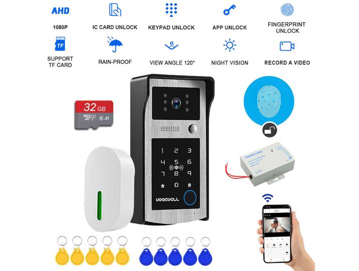 Sonnette vidéo WiFi Tuya RFID avec caméra HD 1080P couleur, système d'interphone vidéo extérieur avec clavier à code et déverrouillage via l'application
