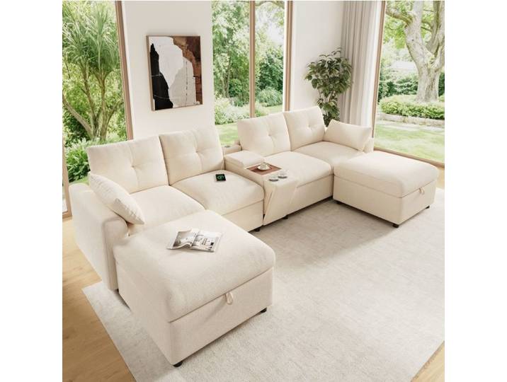 VUENOR Canapé modulable d'angle 6 places beige – forme U/L 2 poufs de rangement