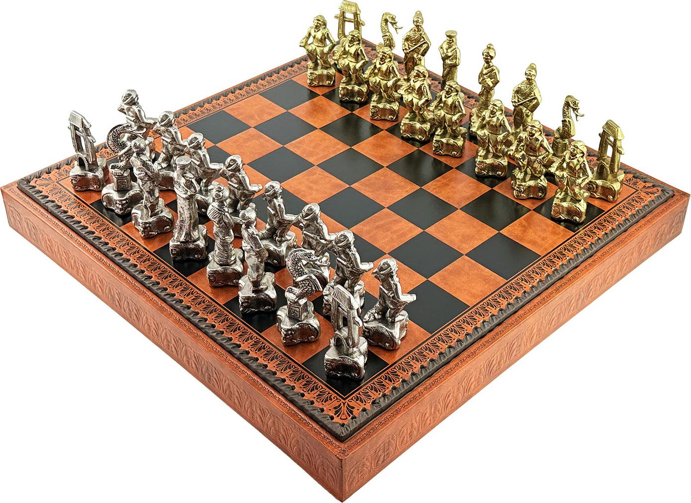Italienisches Schachset Metall Samurai + Schachbrett Braun/Schwarz 48