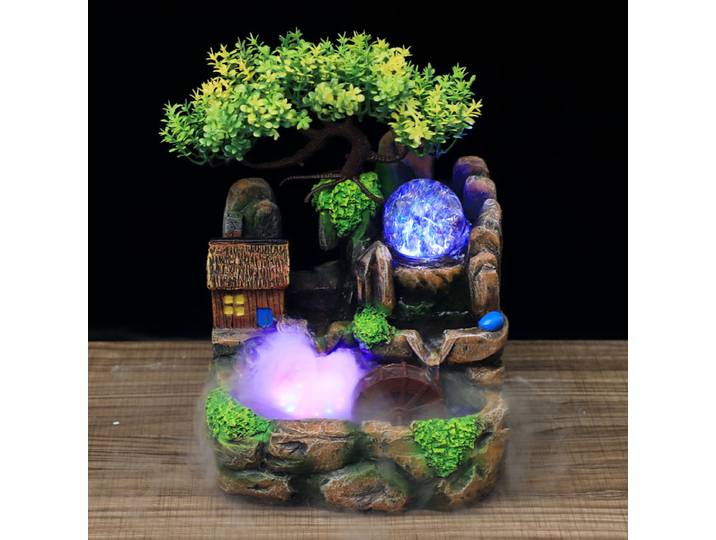 Lumières LED en résine de rocaille, fontaine d'eau qui verticalement, roue porte-bonheur Feng Shui, ornements de bureau avec nébuliseur, décoration de la maison