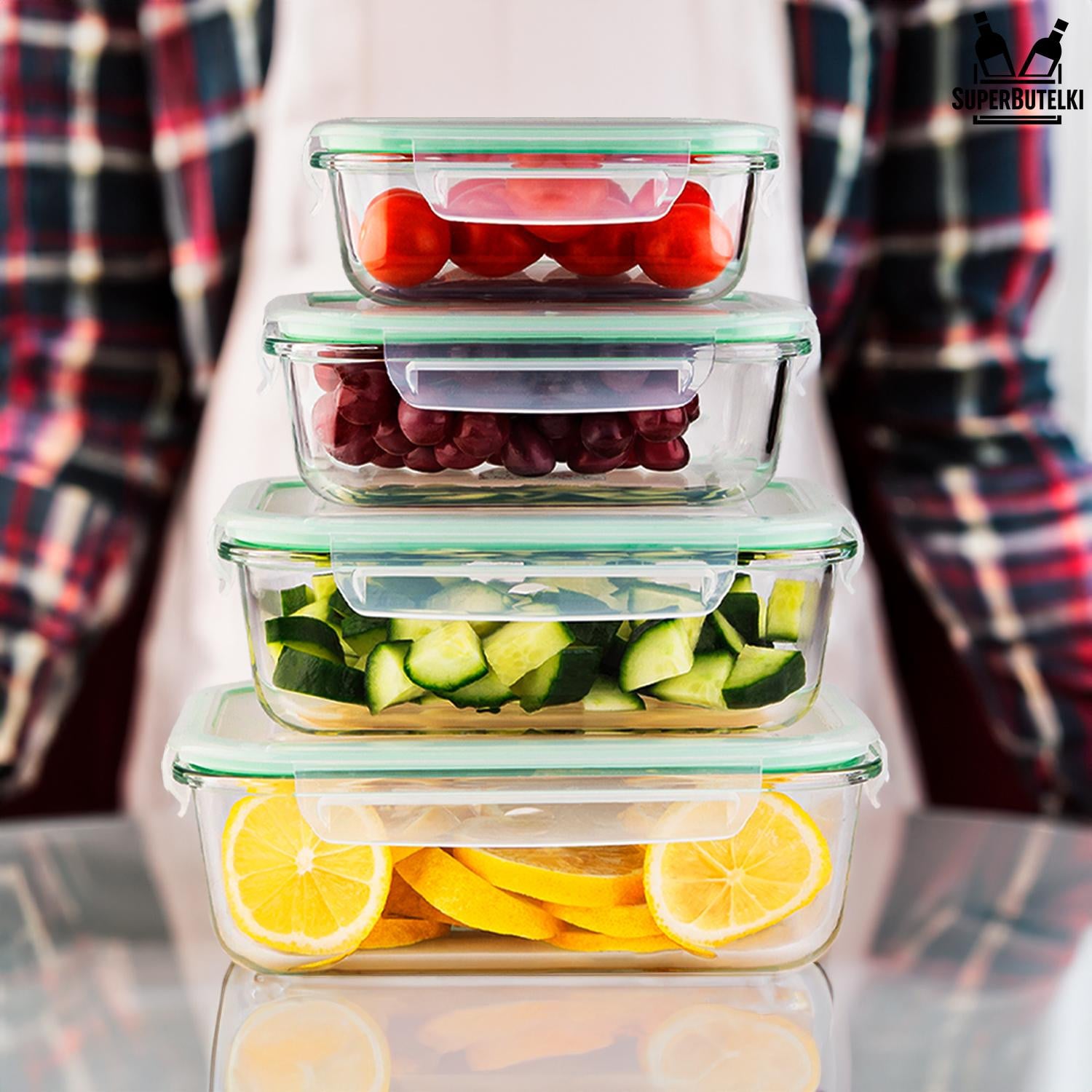 Set van 4 luchtdichte glazen lunchboxen van Superbutelki