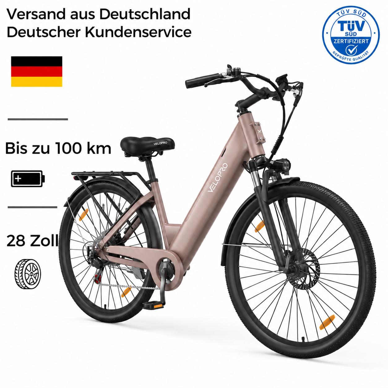 VELOPRO C1 Pedelec 28 Zoll, 36V 13Ah Akku bis 50km Reichweite, Shimano 7-Gang, 250W