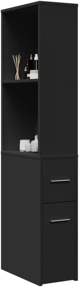 Schmaler Badezimmerschrank mit Rollen aus schwarzem Holzwerkstoff