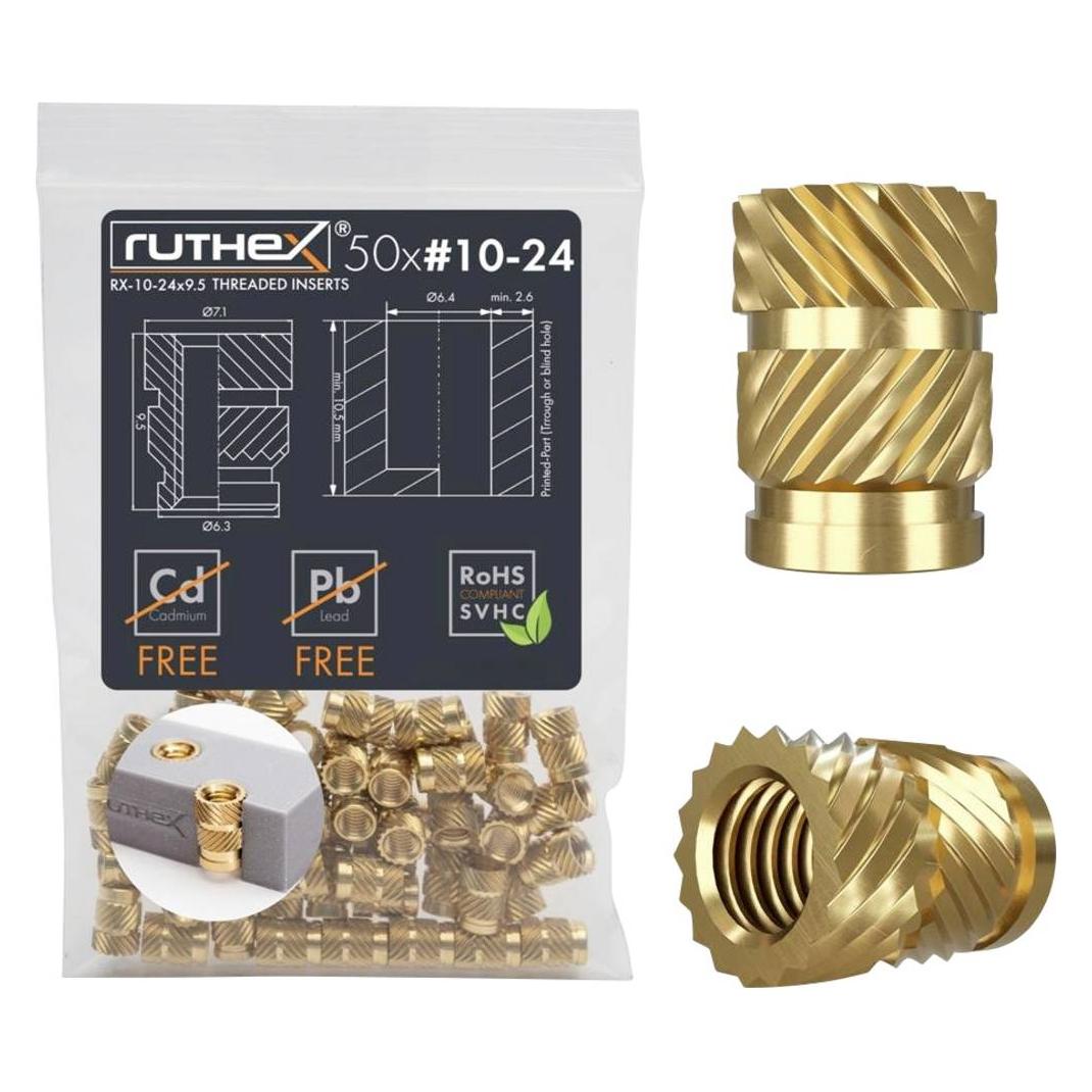 Ruthex #10-24 Gewindeeinsatz Zoll (UNC) - 50 Stück RX-10-24x9.5 Gewindebuchsen aus Messing (Ersatzteile, Zubehör) (GE-10-24x95-001)