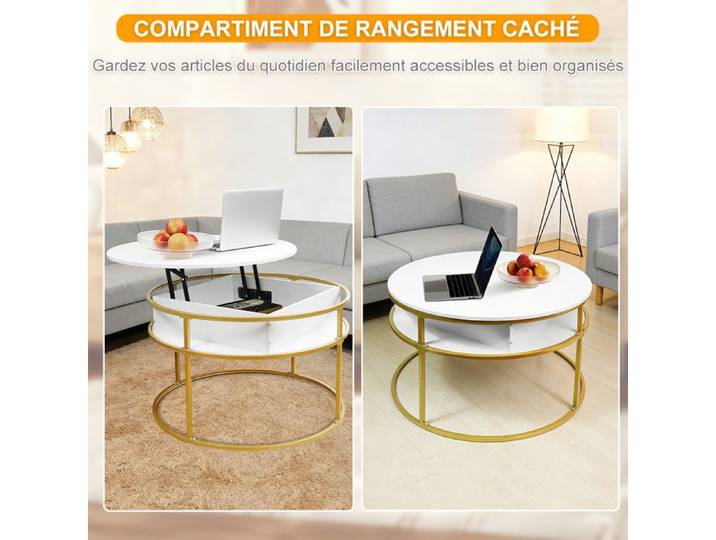 SUPFINE Table Basse avec Rangement Caché 80 × 80 × 47 cm Table Basse Ronde Plateau Relevable Structure en Métal Jusqu'à 50kg
