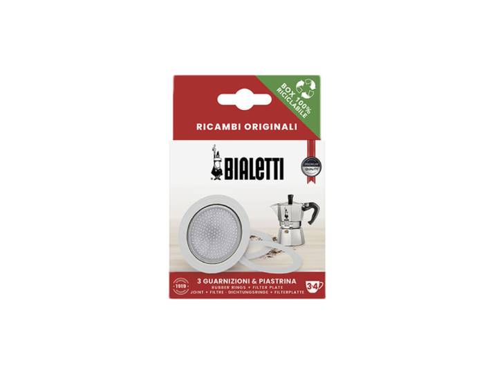 Dichtungen und Filterplatte für Bialetti alum. 3/4-Tassen-Mokkakannen