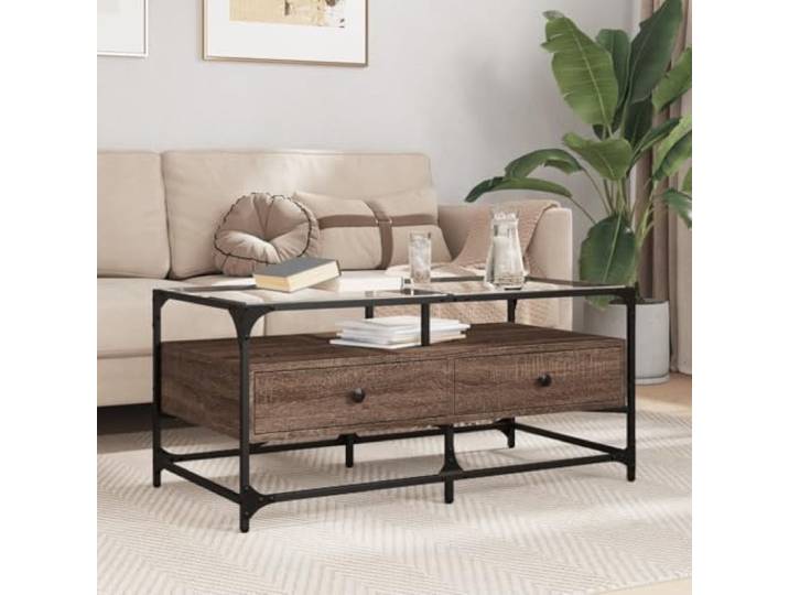 HEFZGDB Couchtisch mit Glasplatte Braun Eichen-Optik 98,5x50x45cm Stahlgestell Wohnzimmertisch Beistelltisch Langlebig Stabil