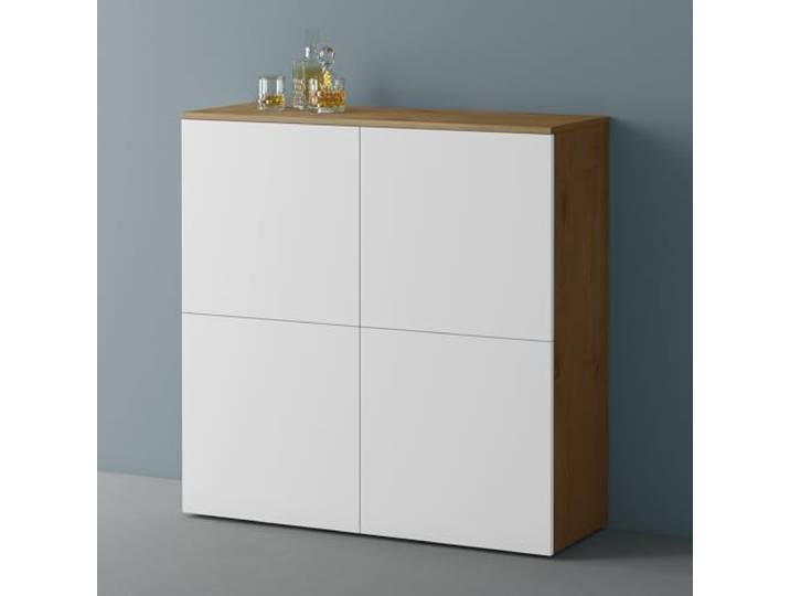 Mai & Mai Sideboard 100cm Kommode 4 Türen Soft-Close grifflos Stauraum Kommodenschrank, Wohnzimmer Möbel, Flurschrank, bis zu 8 Staufächer, Kerneiche + Weiß matt, BxTxH:100x36,4x98cm, Schrank04