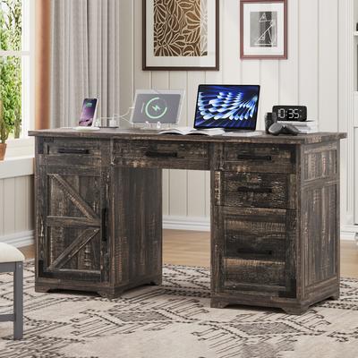 "55"" Farmhouse Executive Desk with Charging Station & Power Outlet"