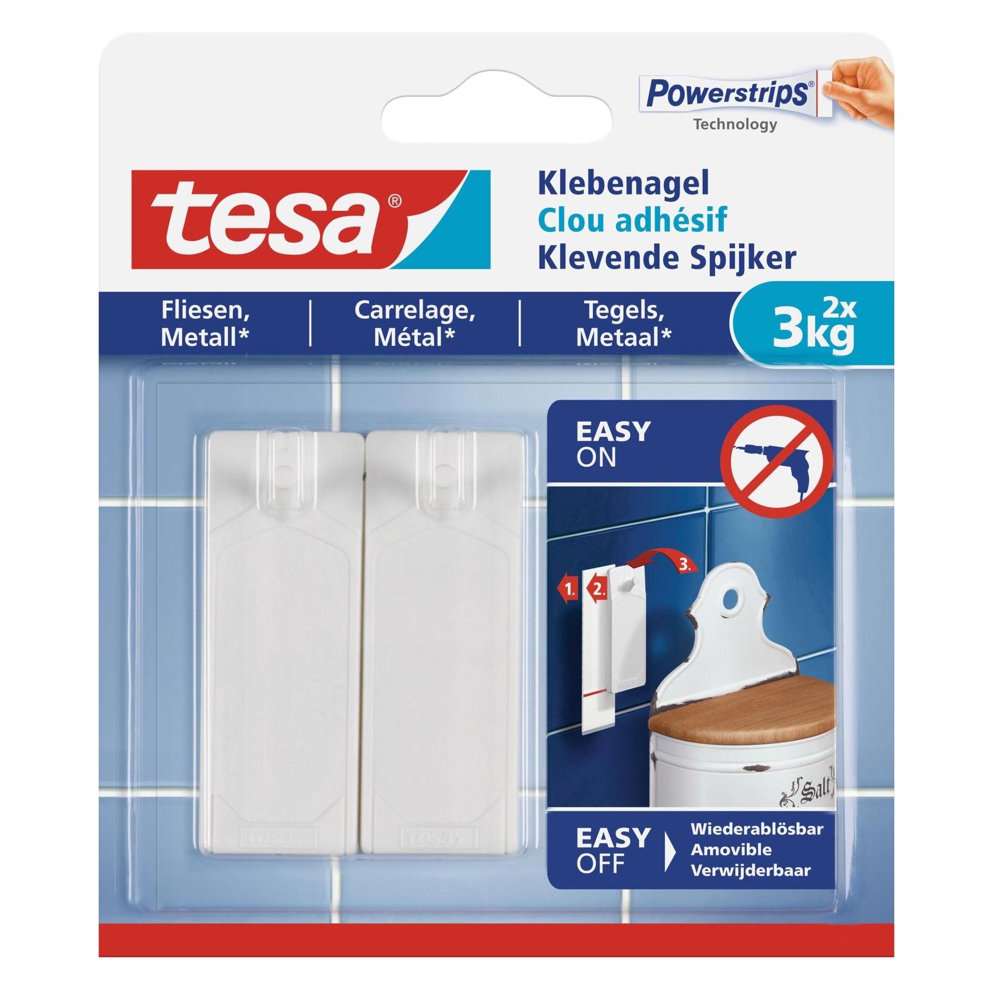 tesa Klebenagel für Fliesen & Metall, 3kg Halteleistung, spurlos ablösbar & wiederverwendbar, 4 Nägel (77763-00000-00)