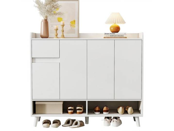 Meuble À Chaussures Moderne Blanc 120x99x35cm Buffet 4 Portes 1 Tiroir Étagère Réglable Grand Rangement