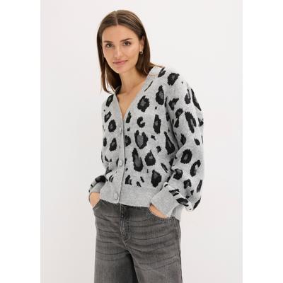 Strickjacke BONPRIX, Damen, Gr. 44/46 (L), grau meliert, schwarz leo, Strick, Obermaterial: 87% Polyacryl, 13% Polyester, oversize, Strickjacken Strickjacke, mit Leo-Design, Oversize-Passform, femininer Stil