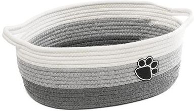 Market Central Handmade Woven Dog Toy Basket With Handle Paw Print Pet Storage Organizer gray