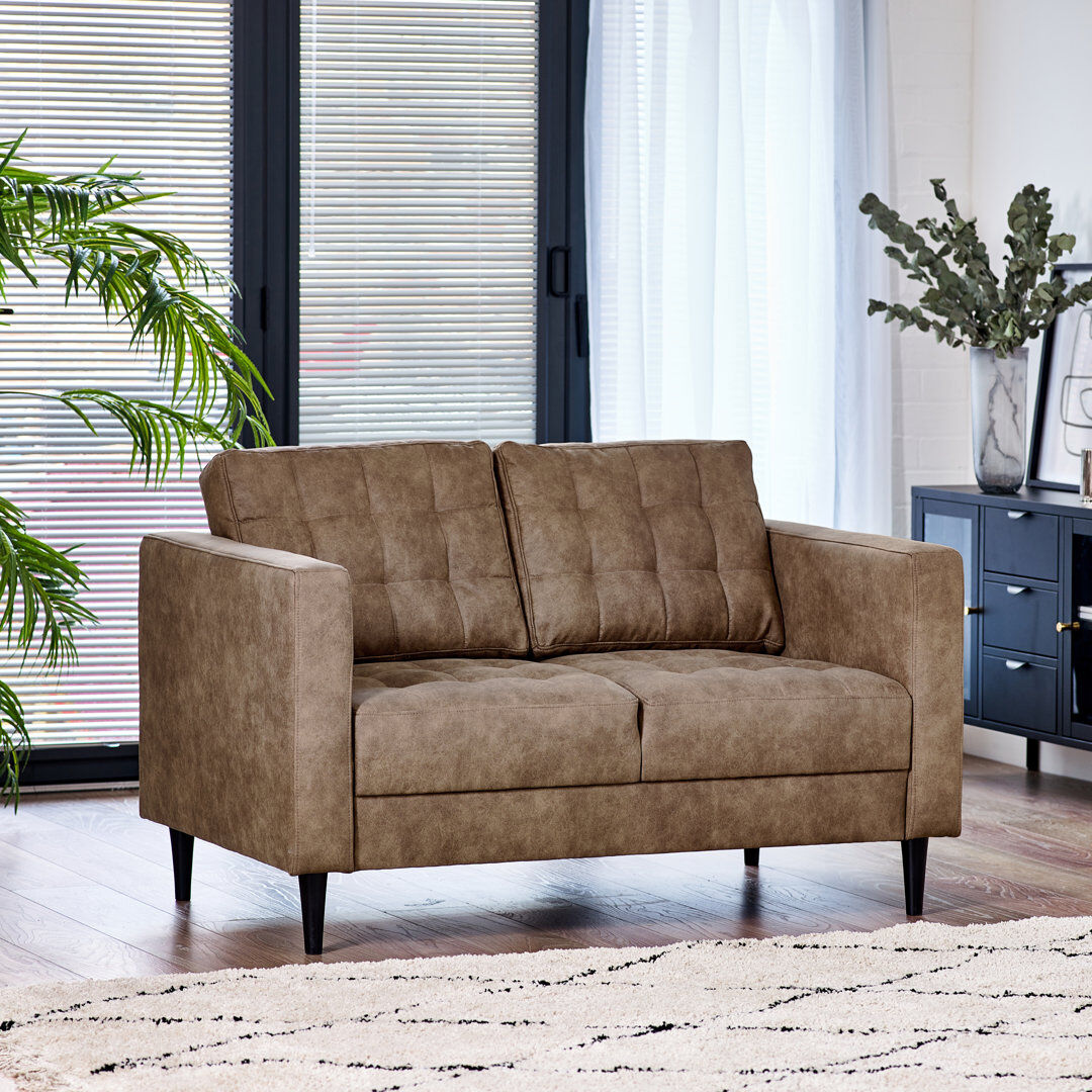 17 Stories Jodi Faux Leather Sofa - Upholstered Modern Retro Fabric Stylish & Contemporary Brown 2 Seater