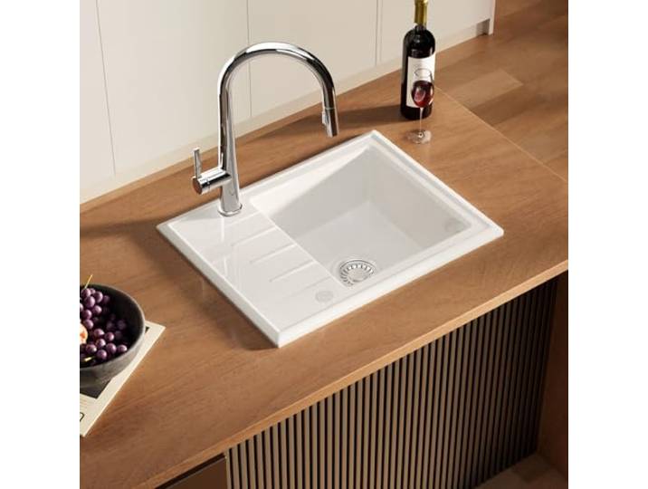 CECIPA Spülbecken 60x46, Küchenspüle Keramik Weiß, Leicht zu Reinigen, Hitzebeständig,Waschbecken Küche mit 2 Vorbohrungen, Küchenarmatur Ausziehbar bis 40CM, Spültischarmatur Chrom 360°Schwenkbar