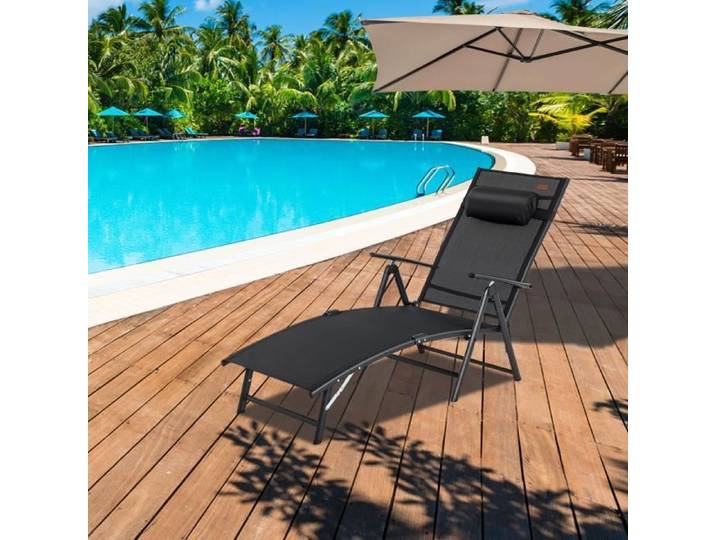 COSTWAY Chaise Longue Pliante avec Dossier Réglable à 7 Positions Accoudoir Repose-Tête pour la Piscine le Jardin Noir