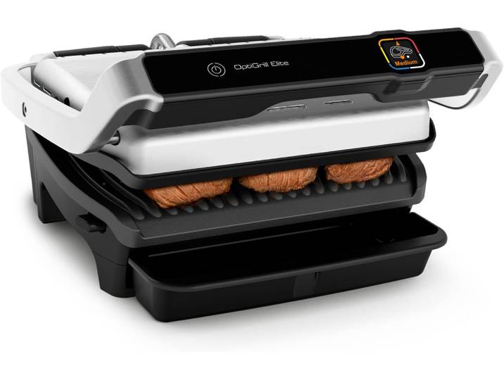 Kontaktgrill TEFAL GC750D OptiGrill Elite , schwarz (edelstahlfarben, schwarz), B:36,3cm H:18cm T:34,1cm, Kontaktgrill_Standgrill_Tischgrill_Teppanyakigrill, Kontaktgrill, 12 Programme, intuitiver Sensor, Grillboost-Funktion, Rezeptbuch App