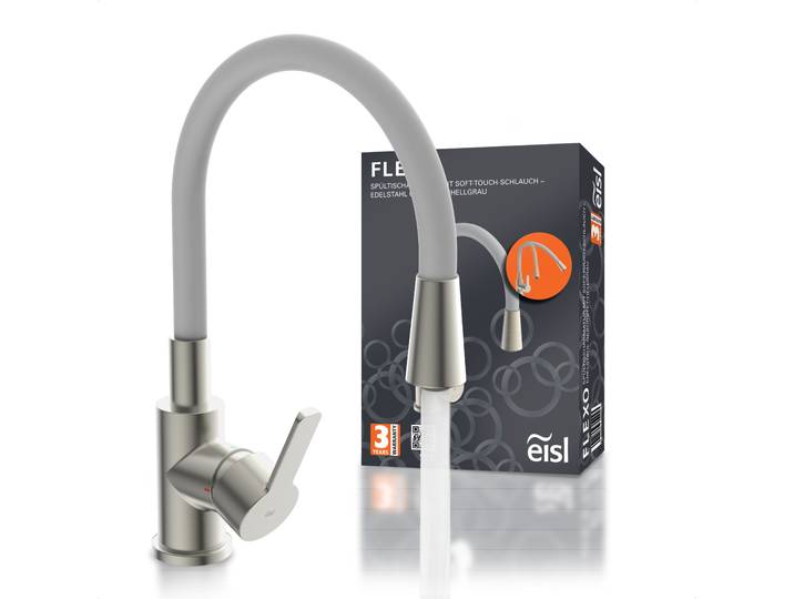 Spültischarmatur EISL Flexo , grau (hellgrau, edelstahl), B:5,5cm H:45cm T:2,4cm, Messing, Armaturen, Spültischarmatur, energiesparender Cold-Start, wassersparender Eco-Click,360 schwenkbar