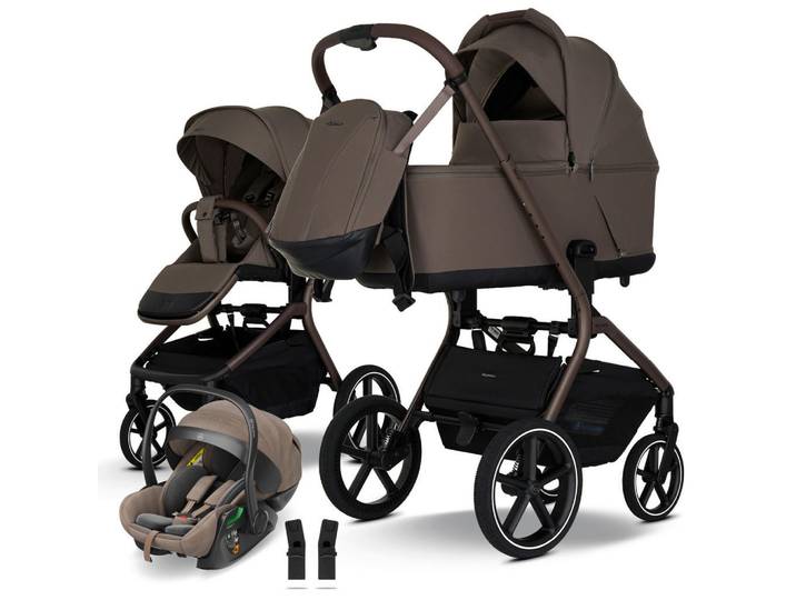 My Junior Kinderwagenset Mavi 3in1 Premium, Mokka, Metall, 5-teilig, 55x110.5x92 cm, EN 1888, 5-Punkte-Gurt, für Babyschale geeignet, Transportsicherung,integriertes Gurtsystem, optimaler Aufprallschutz, schnell und leicht im Auto montierbar, Seitenaufprallschutz, verstellbare Sitz- und Schlafpositionen,5-Punkt-Gurt, Gurtschoner, Sitz umsetzbar, Sportsitz mit verlängertem Verdeck,Matratze, zusammenklappbar, Baby on Tour, Kinderwagen, Kombikinderwagen
