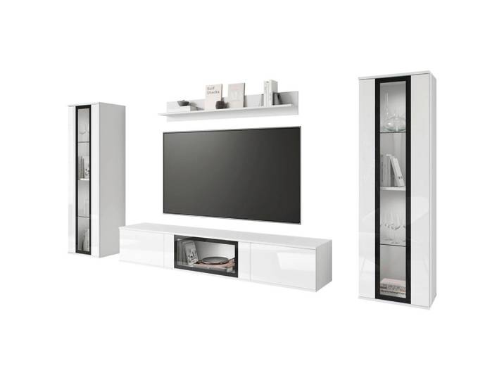 P & B Wohnwand, Weiss Hochglanz, Weiss, Kunststoff, 4-teilig, 11 Fächer, 262x141.9x33 cm, Fsc, stehend, hängend, Wohnzimmer, Wohnwand, Komplette Wohnwand