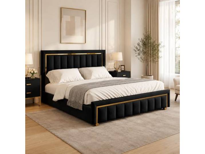 Polsterbett Doppelbett 160 x 200 cm, Gepolstertes bett mit Stauraum, Hydraulikmechanismus & Eleganten goldenen Akzenten, Perfekt für stilvolle Schlafzimmer, Samt, ohne Matratze (Schwarz, 160x200cm)