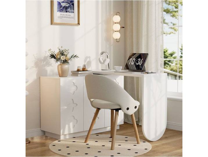 Bureau D Angle Pivotant Blanc Table Informatique Moderne FloraGrace Pour Bureau Et Etude Rangement 3 Portes 170x38 5x75cm