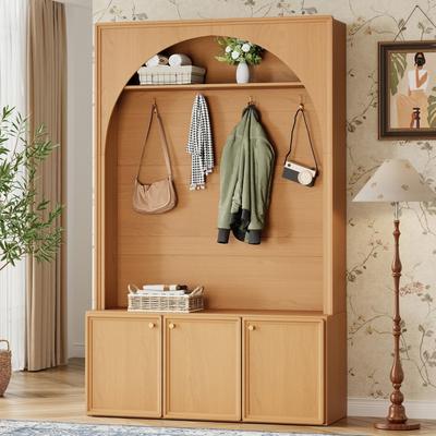 AISWORD Farmhouse All-in-One Hall Tree with Adjustable Shelves,Retro Arched Entryway Storage Bench with 3 Cabinets & 4 Golden Hooks