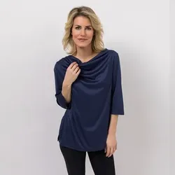 JERYMOOD HOMEWEAR Shirt, 3/4 Arm Wasserfallkragen Seitenschlitze Falten am Ausschnitt