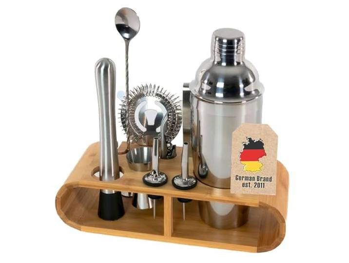 Intirilife 12-teiliges Edelstahl Cocktail-Shaker Set mit Bambus-Ständer - 27.5 x 10.5 x 25.5 cm - Barkeeper Set Cocktail Mixer Bar Zubehör Geschenk