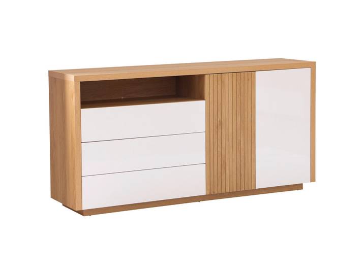 Xora Sideboard, Eiche, Weiß Hochglanz, 3 Fächer, 3 Schublade(n) Schubladen, 162x82x40 cm, Wohnzimmer, Kommoden & Sideboards, Sideboards