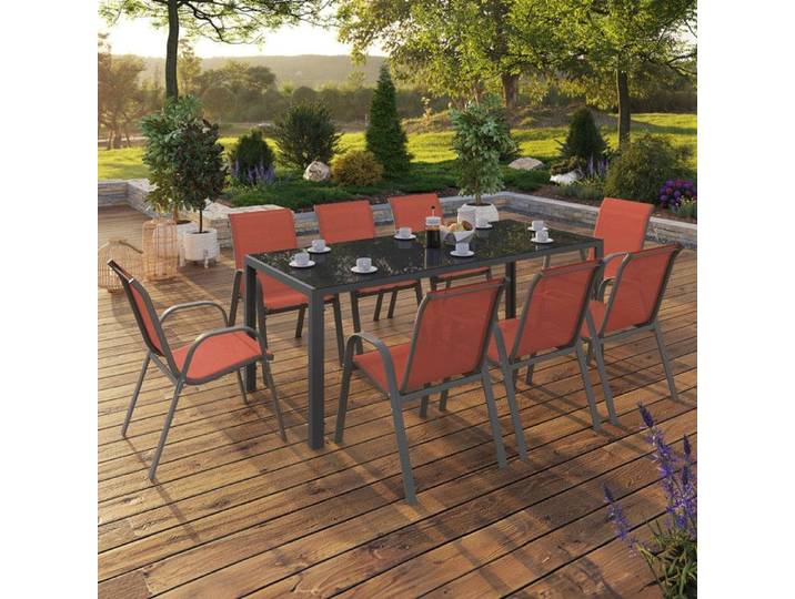 IDMARKET Salon de jardin MADRID table 190 CM et 8 chaises empilables terracotta