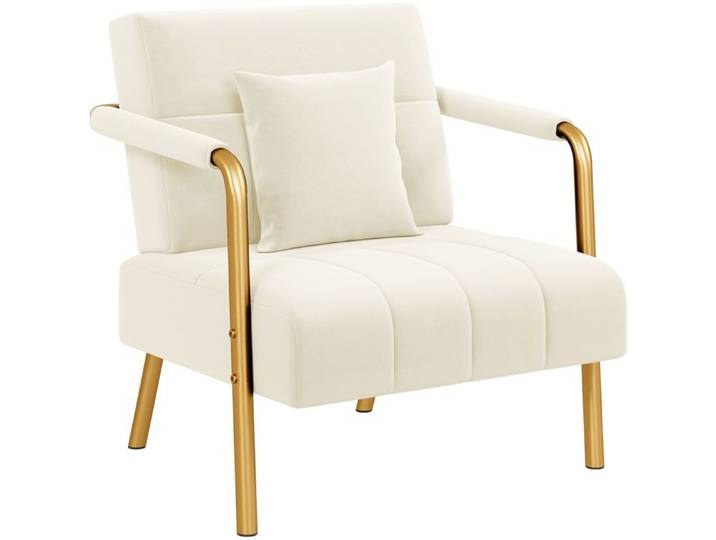 Yaheetech Fauteuil de Salon en Velours Canapé 1 Place Relaxation avec Coussin Carré Cadre en Métal Doré Beige