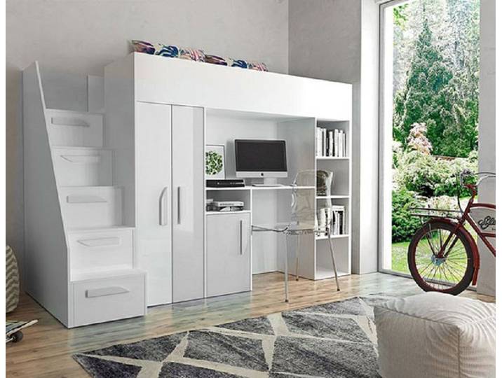 Hochbett PARTY (Etagenbett mit Schreibtisch + Kleiderschrank) Farbe wählbar