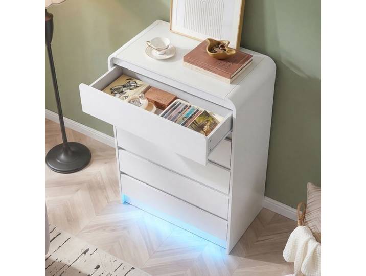Commode 5 Tiroirs - 73x40x110cm - Commode Chambre Minimaliste Sans Poignée avec Éclairage LED RVB Bords Arrondis - Blanc
