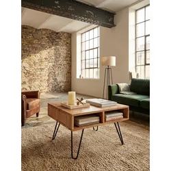 Couchtisch Akazie Massivholz Metall, Quadratisch, 60x60x40cm, Braun mit Stauraum